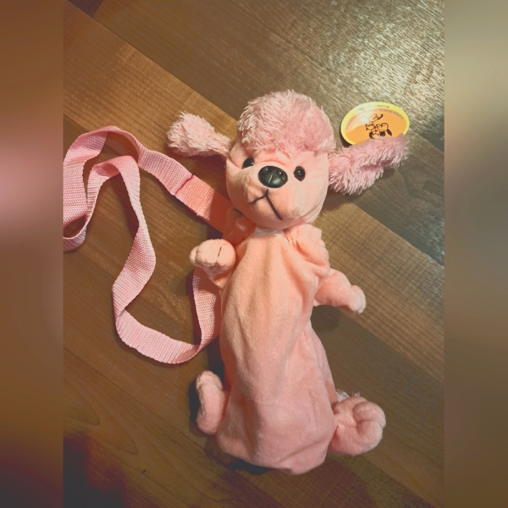 Water Bottle Holder Pink Plush Poodle w/ Shoulder strap.